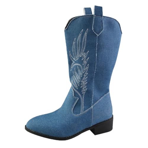 FNKDOR Damen Cowboystiefel Westernstiefel Weiter Schaft Halbhoch Lackleder Stickereimuster Cowgirl Stiefel für Frauen (Blau, 39) von FNKDOR