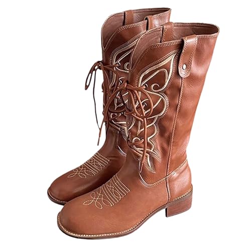 FNKDOR Damen Cowboystiefel Westernstiefel Weiter Schaft Halbhoch Stickereimuster Runde Form Schnürung Cowgirl Stiefel für Frauen (Braun, 39) von FNKDOR