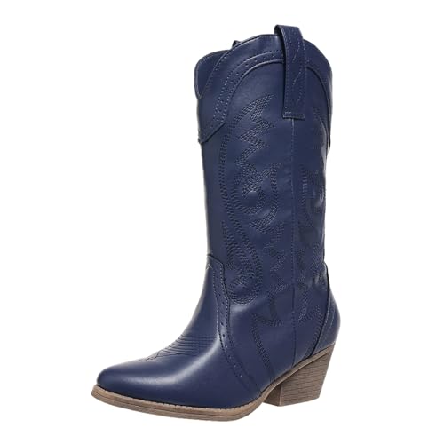 FNKDOR Damen Cowboystiefel Westernstiefel Weiter Schaft Halbhoch Stickereimuster Spitze Form Cowgirl Stiefel für Frauen (Blau, 38) von FNKDOR
