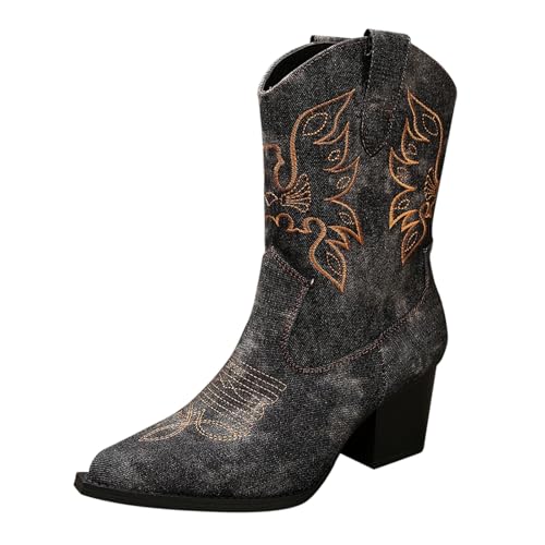 FNKDOR Damen Cowboystiefel Westernstiefel Weiter Schaft Kurzschaft Ethno-Stickerei Denim-Optik Snip Toe Stiefeletten Cowgirl Stiefel für Frauen (Schwarz, 38) von FNKDOR
