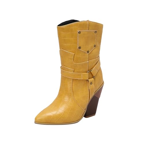 FNKDOR Damen Cowboystiefel Westernstiefel Weiter Schaft Kurzschaft Krokodilmuster Ringverschluss Spitze Form Stiefeletten Cowgirl Bikerstiefel für Frauen (Gelb, 36) von FNKDOR