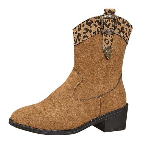 FNKDOR Damen Cowboystiefel Westernstiefel Weiter Schaft Kurzschaft Wildleder Patchwork Leopardenmuster Gürtelschnalle Stiefeletten Cowgirl Stiefel für Frauen (Braun, 37) von FNKDOR
