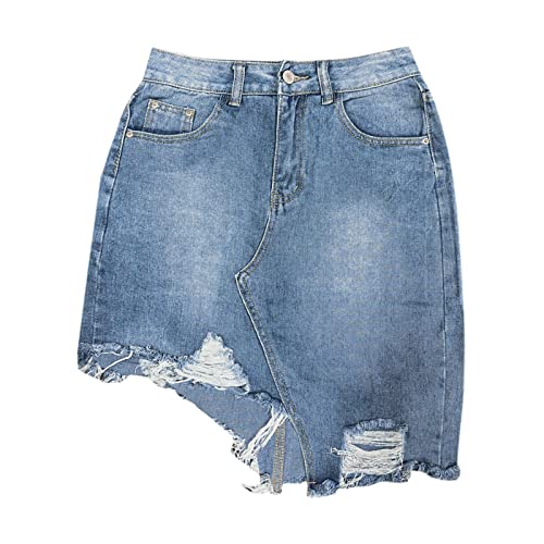 FNKDOR Damen Kurz Asymmetrischer Jeansrock Hohe Taille Minirock mit Zerrissen von FNKDOR