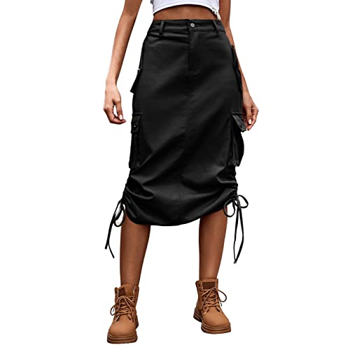 FNKDOR Damen Langer Hohe Taille Elastischer Bund Cargo Jeansrock Schlauchrock Midirock mit Seitlich Kordelzug von FNKDOR
