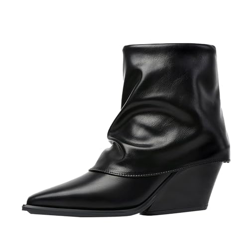 FNKDOR Damen Stiefeletten Elegant Weiter Schaft Keilabsatz Spitze Form Seitenreißverschluss Kurzstiefel Herbststiefel (Black, 40) von FNKDOR
