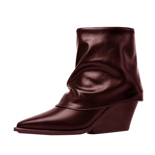 FNKDOR Damen Stiefeletten Elegant Weiter Schaft Keilabsatz Spitze Form Seitenreißverschluss Kurzstiefel Herbststiefel (Wine, 43) von FNKDOR