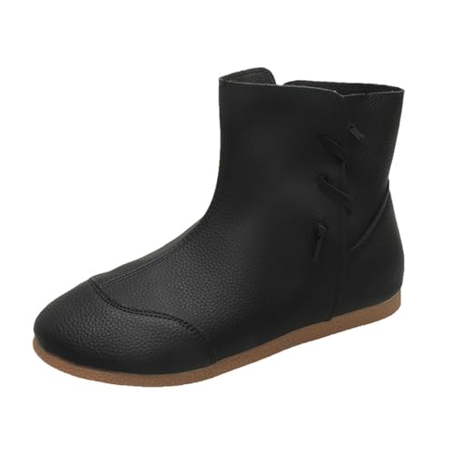 FNKDOR Damen Stiefeletten Flach Weiter Schaft Runde Form Kunstleder Kurzstiefel Herbststiefel (Black, 37) von FNKDOR