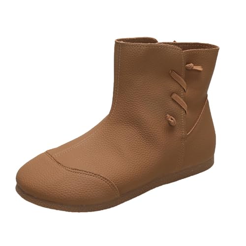 FNKDOR Damen Stiefeletten Flach Weiter Schaft Runde Form Kunstleder Kurzstiefel Herbststiefel (Brown, 41) von FNKDOR