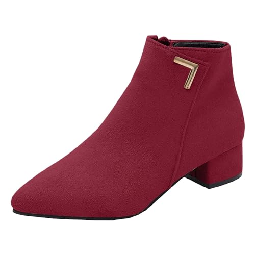 FNKDOR Damen Stiefeletten mit Absatz Elegant Wildleder Seitenreißverschluss Spitze Form Kurzstiefel Herbststiefel (Red, 41) von FNKDOR