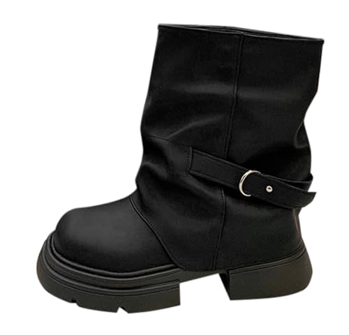 FNKDOR Damen Stiefeletten mit Absatz Weiter Schaft Plateau Retro Bikerstiefel Runde Form Kurzstiefel Herbststiefel (Black, 35) von FNKDOR