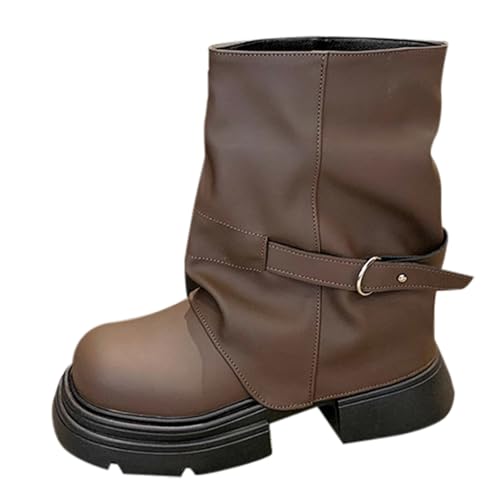 FNKDOR Damen Stiefeletten mit Absatz Weiter Schaft Plateau Retro Bikerstiefel Runde Form Kurzstiefel Herbststiefel (Khaki, 35) von FNKDOR