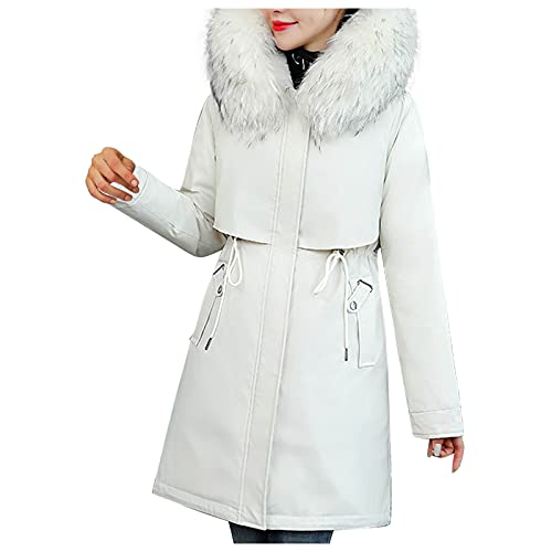 FNKDOR Daunenjacke Damen Winterjacke mit Fellkapuze Lang Damenmode Parka mit Teddyfutter Weiß L von FNKDOR