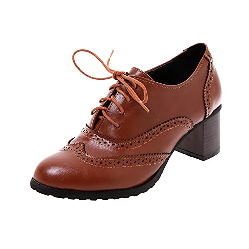 FNKDOR Derby Stiefeletten Damen mit Absatz und Schnürsenkel Stilvoll Lederschuhe Elegant Business Anzugschuhe Braun 37 von FNKDOR