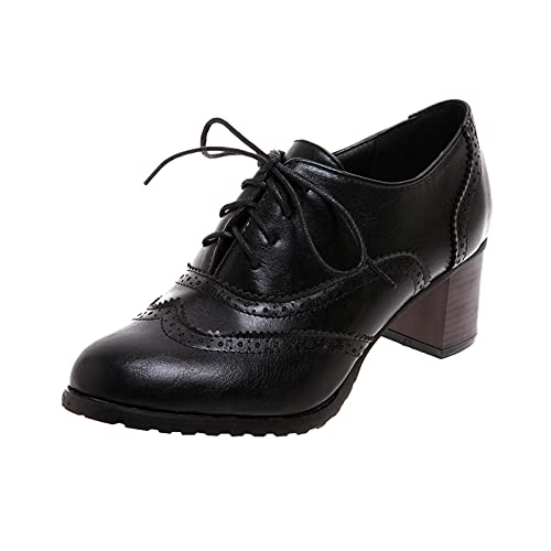 FNKDOR Derby Stiefeletten Damen mit Absatz und Schnürsenkel Stilvoll Lederschuhe Elegant Business Anzugschuhe Schwarz 40 von FNKDOR