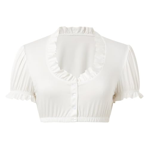 FNKDOR Dirndl Bluse Damen Puffärmel Rundkragen Rüschen Dirndlbluse Weiß Trachtenbluse für Oktoberfest (White, M) von FNKDOR