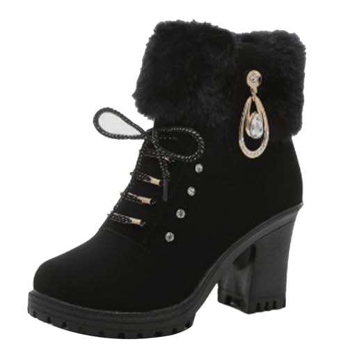 FNKDOR Elegant Strasssteine Winterstiefel Damen Gefüttert Boots Schuhe Winterschuhe Schnürstiefel Stiefeletten mit Absatz und Seitenreißverschluss (Black, 37) von FNKDOR