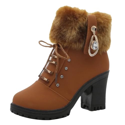 FNKDOR Elegant Strasssteine Winterstiefel Damen Gefüttert Boots Schuhe Winterschuhe Schnürstiefel Stiefeletten mit Absatz und Seitenreißverschluss (Brown, 40) von FNKDOR