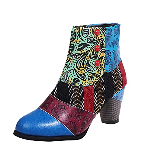 FNKDOR Ethnisch Muster Stiefeletten Damen mit Absatz und Perlen Leder Weitschaft Zipper Booties Blau 38 von FNKDOR