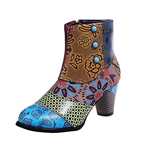 FNKDOR Ethnisch Muster Stiefeletten Damen mit Absatz und Perlen Leder Weitschaft Zipper Booties Hellblau 37 von FNKDOR