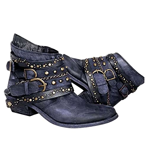 FNKDOR Fashion Stiefeletten Chunky Heels Reißverschluss Hohe Schuhe Retro Stiefel Atmungsaktiv Kurze Damenmode Damenstiefel Blau 37 von FNKDOR