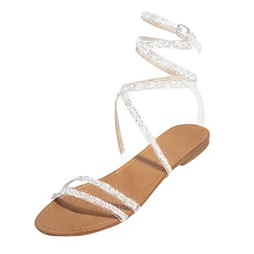 FNKDOR Flach Sandalen Damen Elegant Glitzer Strass Römersandalen mit Knöchelriemchen Braun 39 von FNKDOR