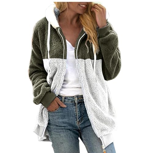 FNKDOR Fleecejacke Damen mit Kapuze Patchwork Farbblock Große Größen Reißverschlüsse Sweatjacke Plüschjacke Kapuzenjacke (AG, XXXL) von FNKDOR