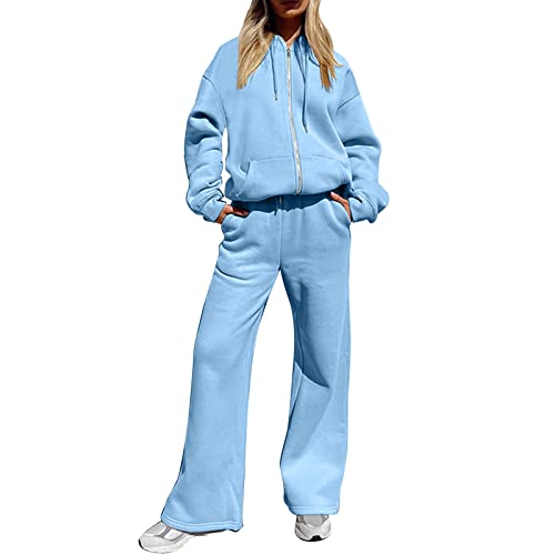 FNKDOR Frühling Winter Jogginganzug Damen Set Trainingsanzug Sweatjacke Fleecefutter Sportanzug Sportswear Tracksuits Freizeitanzug (Blue, L) von FNKDOR