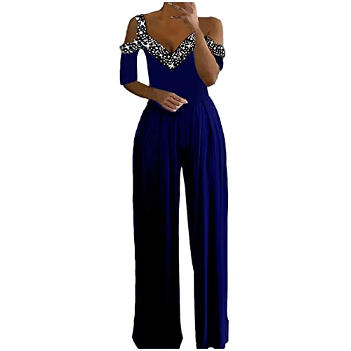 FNKDOR Glitzer Pailletten Jumpsuit Damen Elegant Sommer V-Ausschnitt Cut Out Schulterfrei Overalls Weites Bein Romper von FNKDOR