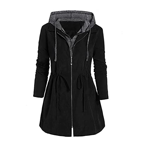 FNKDOR Große Größe Herbst Winterjacke Damen Lang Schlichtes Casual Übergangsjacke Outdoor Locker Windbreaker mit Kapuze und Kordelzug Schwarz XXL von FNKDOR