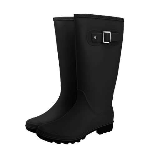 FNKDOR Gummistiefel Damen Weit Schaft Wasserdicht rutschfest Halbhocher Regenstiefel mit Absatz (Black, 38) von FNKDOR