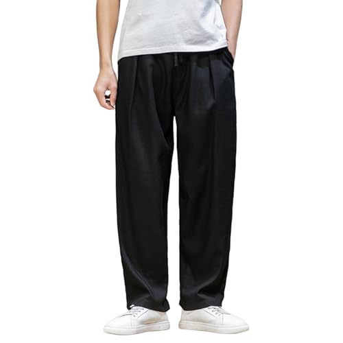 FNKDOR Herren Leinenhose Lange Leicht Sommerhose Casual Weites Bein Straight Locker Freizeithose für Männer Strandhose Urlaub Alltag (Black, XXXL) von FNKDOR