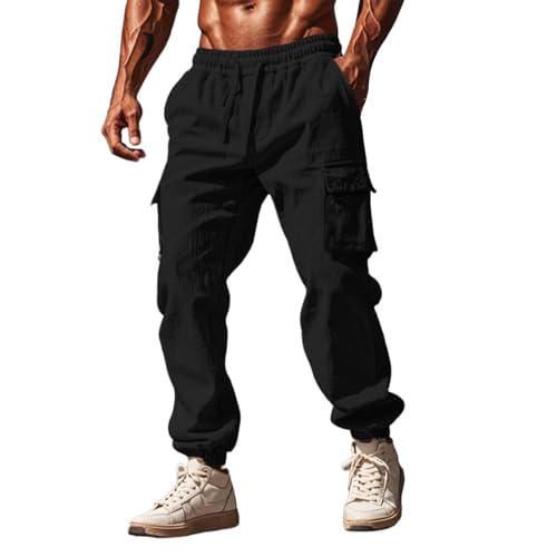 FNKDOR Herren Leinenhose Lange Leicht Sommerhose Locker Weites Bein Cargo Freizeithose für Männer Strandhose Urlaub Alltag (Black, L) von FNKDOR