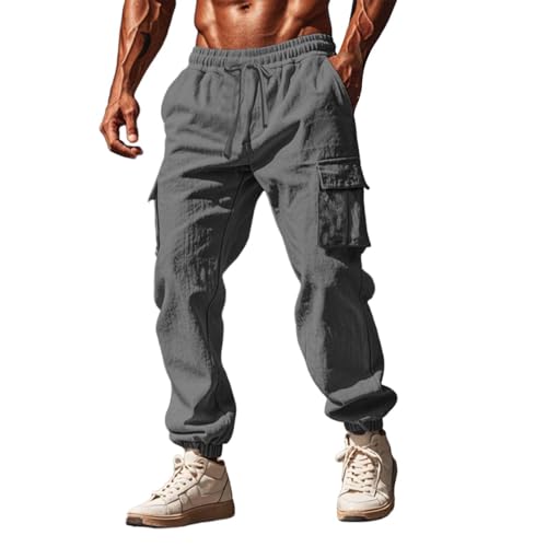 FNKDOR Herren Leinenhose Lange Leicht Sommerhose Locker Weites Bein Cargo Freizeithose für Männer Strandhose Urlaub Alltag (Grey, L) von FNKDOR