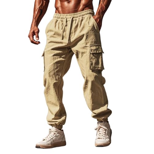 FNKDOR Herren Leinenhose Lange Leicht Sommerhose Locker Weites Bein Cargo Freizeithose für Männer Strandhose Urlaub Alltag (Khaki, XL) von FNKDOR