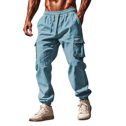 FNKDOR Herren Leinenhose Lange Leicht Sommerhose Locker Weites Bein Cargo Freizeithose für Männer Strandhose Urlaub Alltag (Light Blue, XL) von FNKDOR