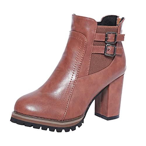 FNKDOR High Heels Chelsea Boots Stiefeletten Damen Leder Plateau Booties mit Absatz und Schnalle Braun 39 von FNKDOR