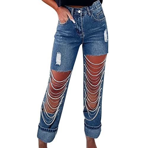 FNKDOR Jeans Damen Straight Leg Jeans Gerade Jeans Perlen Ripped Jeans mit Löchern von FNKDOR