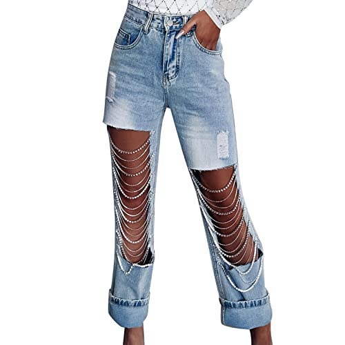 FNKDOR Jeans Damen Straight Leg Jeans Gerade Jeans Perlen Ripped Jeans mit Löchern von FNKDOR