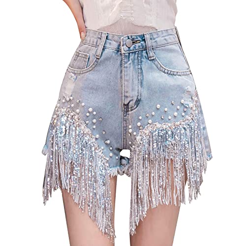 FNKDOR Jeans Shorts Damen Sommer Kurze Hosen Damen High Waist Pailletten Perlen Jeanshorts mit Zerrissen und Fransen von FNKDOR