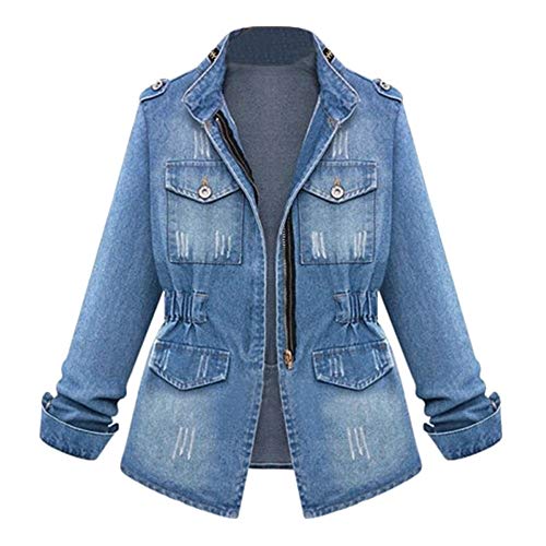 FNKDOR Jeansjacke Damen Oversize Kurz Slim Fit Stehkragen Jeans Jacke Denim Frezeitjacke mit Reißverschluss (Blue, XXXXXL) von FNKDOR
