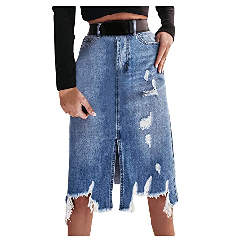FNKDOR Jeansrock Damen Lang Hohe Taille Asymmetrisch A Linie Midirock mit Schlitz Zerrissen und Fransen von FNKDOR