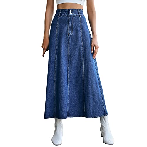 FNKDOR Jeansrock Damen Lang Hohe Taille Klassisch A Linie Jeansrock Flowy Midirock von FNKDOR