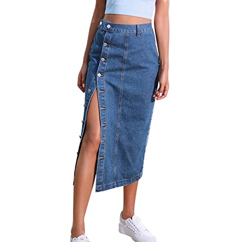 FNKDOR Jeansrock Damen lang Seitlicher Knopfleiste Hohe Taille Bleistiftrock Wickelrock von FNKDOR