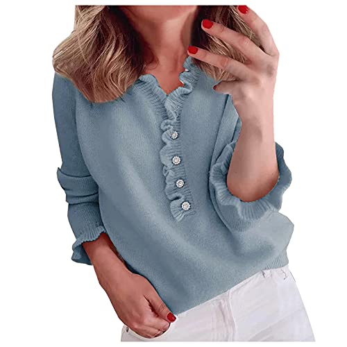FNKDOR Kaschmir Pullover Damen V-Ausschnitt Rüschen Strickpullover Elegant Feinstrick Pullis mit Perlen Knöpfen Blau L von FNKDOR