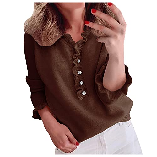FNKDOR Kaschmir Pullover Damen V-Ausschnitt Rüschen Strickpullover Elegant Feinstrick Pullis mit Perlen Knöpfen Braun M von FNKDOR