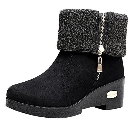 FNKDOR Keilabsatz Stiefeletten Damen Wildleder Halbschaft Winterstiefel mit Gefüttert und Zipper Schwarz 38 von FNKDOR