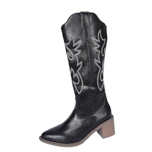 FNKDOR Kniehoch Cowboystiefel Westernstiefel Damen Weiter Schaft Ethno Stickereimuster Spitze Form Cowgirl Stiefel für Frauen (Schwarz, 42) von FNKDOR