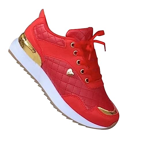 FNKDOR Kunstleder Sneaker Damen Glitzer Modisch rutschfest Sportschuhe Lace up Bequeme Leichte Laufschuhe (Red, 39) von FNKDOR