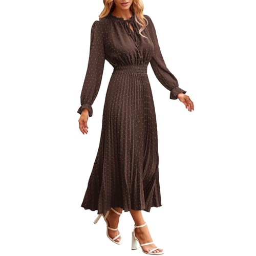 FNKDOR Lange Casual Sommerkleid Damen 2024 Urlaub Trendy Flowy Elegante Jacquard Frauen Plus Size Plissee Kleid (Brown, M) von FNKDOR