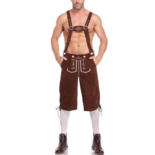 FNKDOR Lederhose Herren Knielang Tracht Trachtenhose Trachtenlederhosen Lederhosen Oktoberfest Mann Bayrischen Trachten Hose Trachtenmode mit Hosenträgern (Coffee, M) von FNKDOR